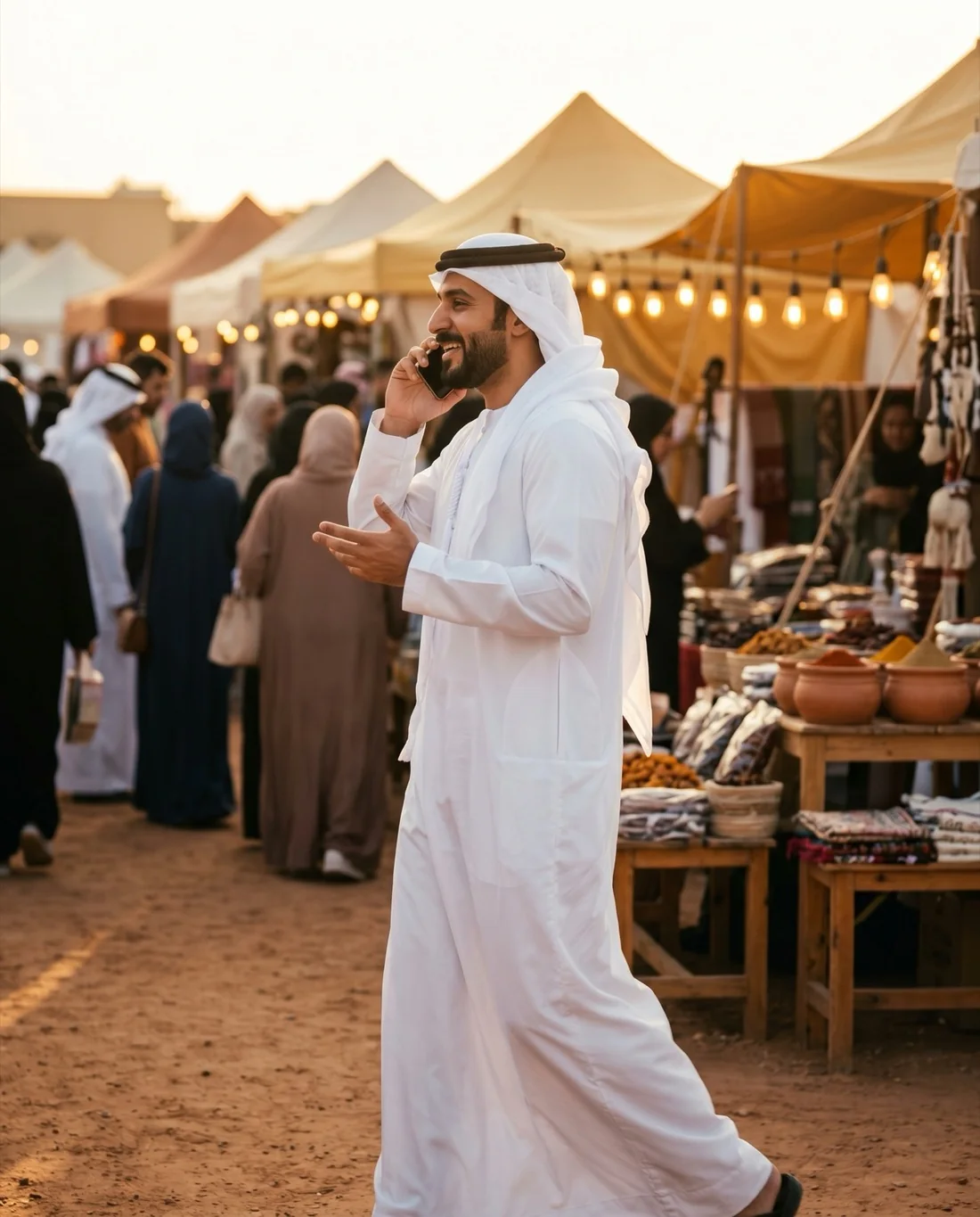 A Gulf brand owner taking a call in a busy market at golden hour, moving between stalls while his orders are handled for him